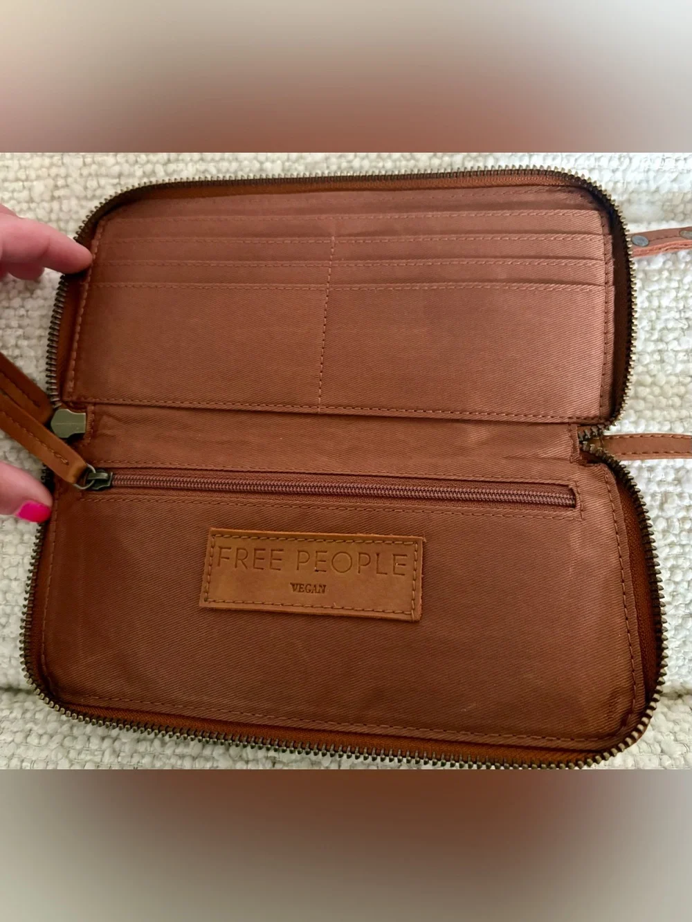 Free People Distressed Vegan Leather Zip Around Wristlet Wallet | Brown/Cognac